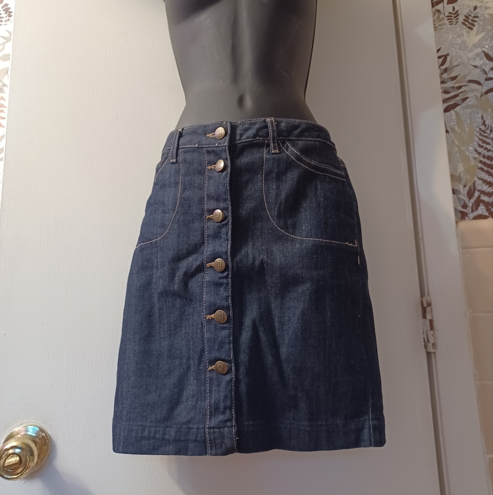 Tommy Hilfiger Dark Wash Denim Brass Logo Button Skirt